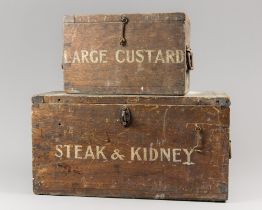 TWO ANTIQUE WOODEN FOOD STORAGE TRUNKS. Inscribed “LARGE CUSTARD” and “STEAK & KIDNEY”. (largest w