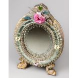 A RARE LATE 19TH/EARLY 20TH CENTURY VENETIAN GLASS AND GILT WOOD FLOWER TABLE MIRROR. (h 42cm x w