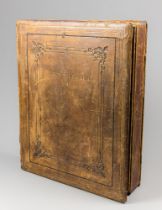 A GIGANTIC ANTIQUE LEATHER-BOUND BOOK BOX. (h 64cm x w 51cm x d 12cm)