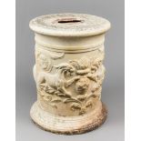 AN ANTIQUE TERRACOTTA PEDESTAL WITH DECORATIVE RELIEF. (h 40cm x w 31cm x d 31cm)