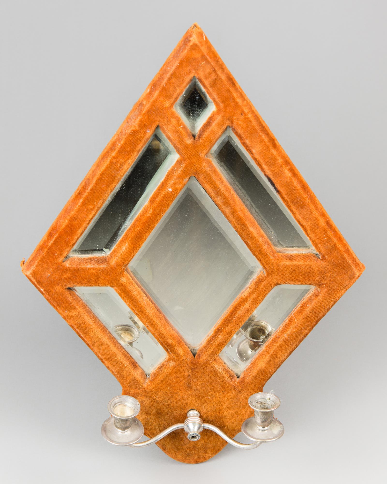 AN UNUSUAL VICTORIAN DIAMOND SHAPED VELVET MIRRORED WALL SCONCE. (h 59cm)