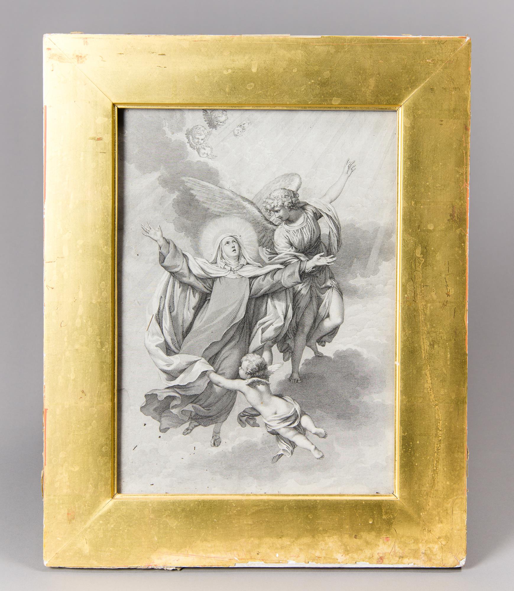 A 19TH CENTURY RELIGIOUS ENGRAVING WITH ANGELS AND CHERUBIM. Framed and glazed. (h 42cm x w 33.5cm)