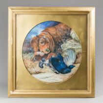 A LATE 19TH/EARLY 20TH CENTURY WATERCOLOUR HUNTING SCENE OF A SPORTING DOG. Gilt and glazed frame,
