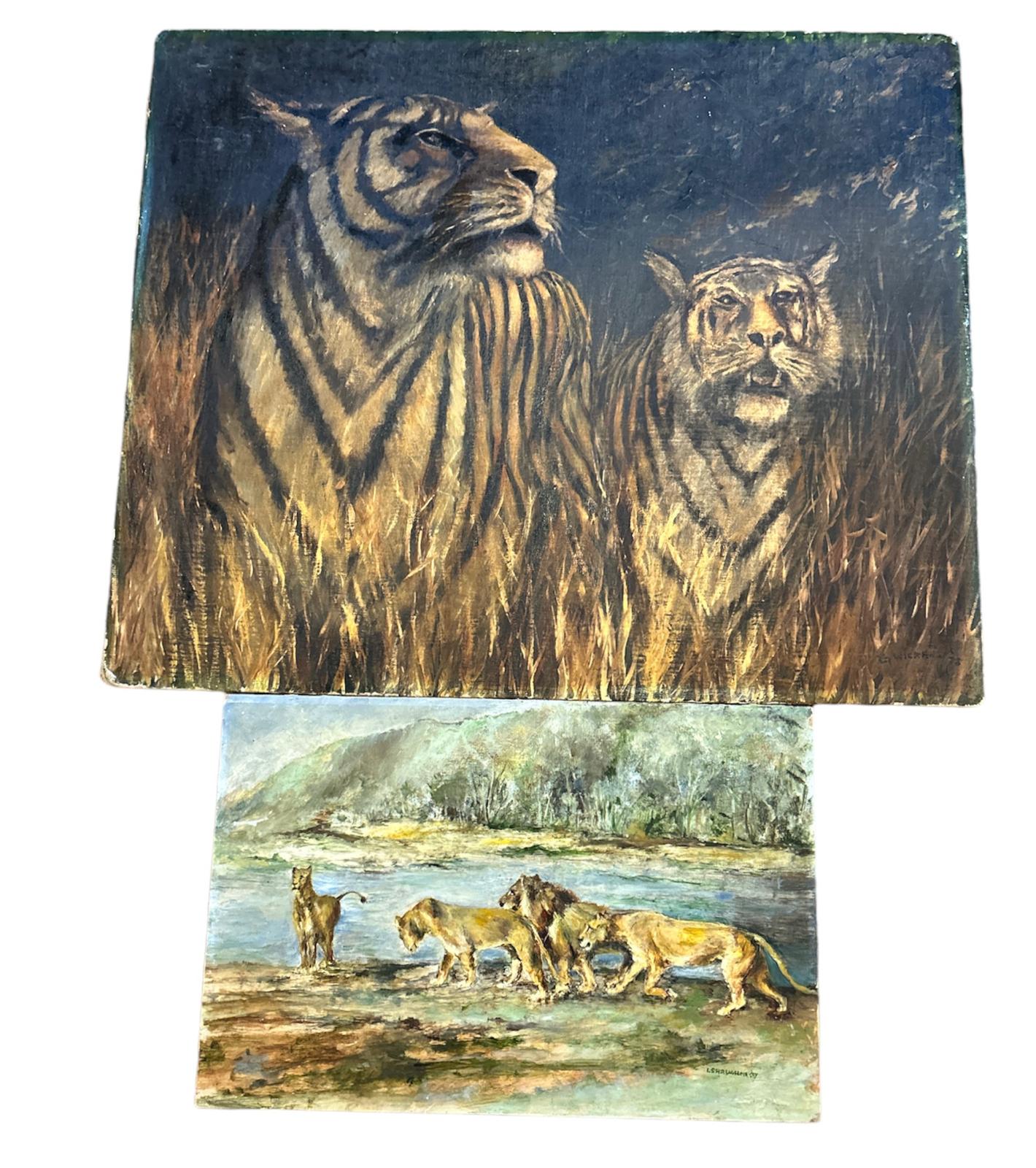 G. WICKENS, A 20TH CENTURY OIL ON ARTIST BOARD 'TIGER' STUDY Two tigers in beige palette, signed