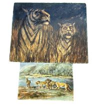 G. WICKENS, A 20TH CENTURY OIL ON ARTIST BOARD 'TIGER' STUDY Two tigers in beige palette, signed