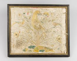 AN EARLY 18TH CENTURY SILKWORK PICTURE DEPICTING THE TREE OF LIFE. This Queen Anne period silkwork