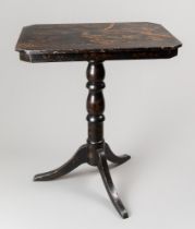 A 19TH CENTURY BLACK LACQUERED CHINOISERIE SIDE TABLE. With profusely decorated octagonal top raised