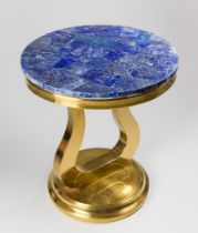 A LAPIS LAZULI SIDE TABLE ON BRONZE STEEL BASE. (h 56.5cm x w 50.5cm x d 50.5cm)