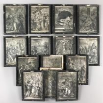 A RARE 18TH/19TH CENTURY FRAMED SET OF ENGRAVINGS OF THE 14 STATIONS OF THE CROSS, DEPICTING THE