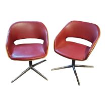 A PAIR OF RED LEATHER AND BEECHWOOD OFFICE CHAIRS On chrome bases. (57cm x 50cm x 75cm) Condition: