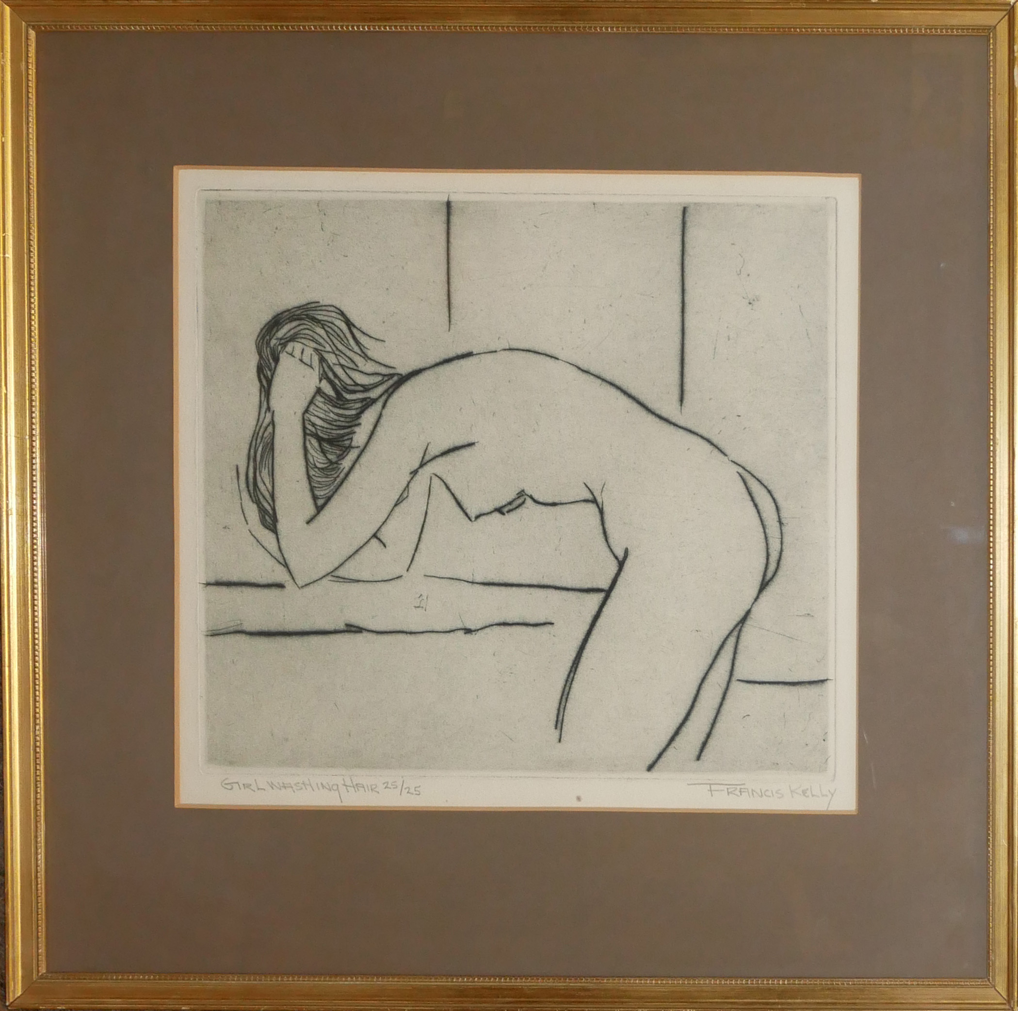 FRANCIS KELLY, AMERICAN, 1927 - 2012, LIMITED EDITION (25/25) PEN/INK ON CARD Titled ‘Girl Washing - Image 2 of 7