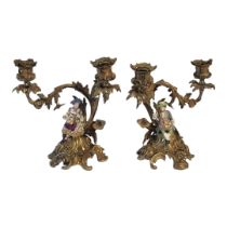 A PAIR OF RARE 19TH CENTURY MINTON AND GILT BRONZE ORMOLU HIGHLY ORNAMENTAL TABLETOP TWIN BRANCH