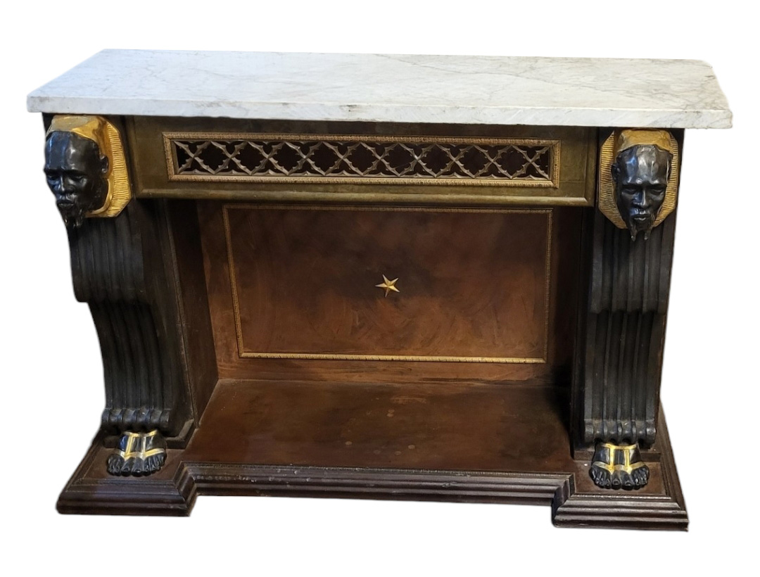 IN THE MANNER OF GEORGE BULLOCK, A 19TH CENTURY AND LATER EGYPTIAN REVIVAL STEEL AND BRONZE OPEN