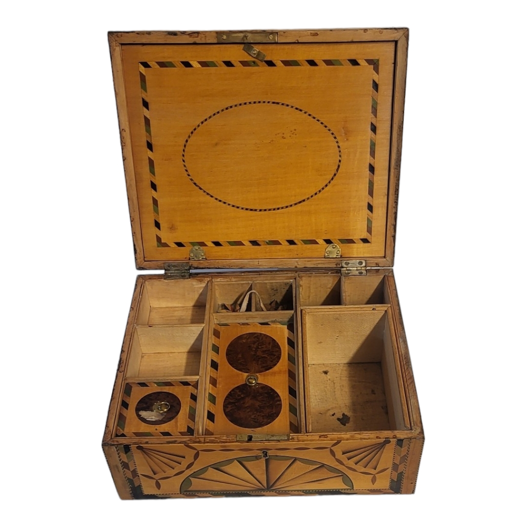 A LATE 19TH CENTURY STYLE EXOTIC WOOD MARQUETRY INLAID DESKTOP STATIONARY WORK BOX Front cover - Image 4 of 5