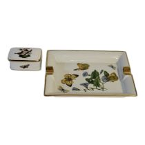 HEREND, A VINTAGE PORCELAIN TRINKET BOX AND COVER Decorated with birds and insects, together with