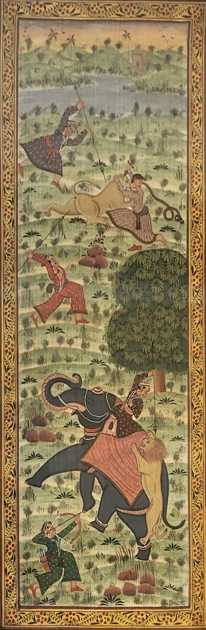A 20TH CENTURY INDIAN SILK PAINTING, DEPICTING ORNATELY DRESSED NATIVES BATTLING A LION AND TIGER - Image 3 of 7