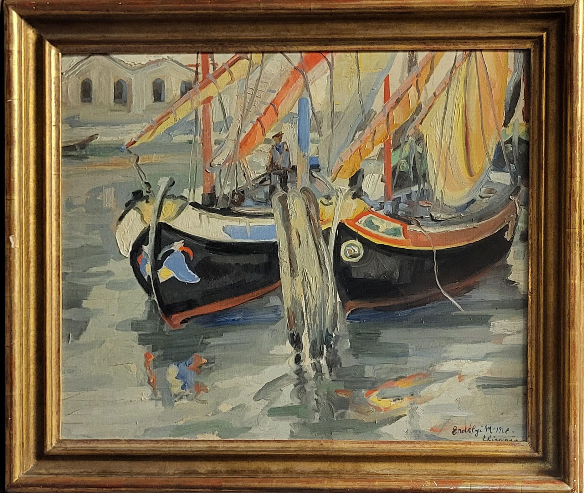 MIHALY ERDELYI, 1894 - 1972, HUNGARIAN, OIL ON BOARD Fishing boats at Chioggia, Venice, signed, - Image 2 of 8