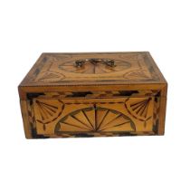 A LATE 19TH CENTURY STYLE EXOTIC WOOD MARQUETRY INLAID DESKTOP STATIONARY WORK BOX Front cover