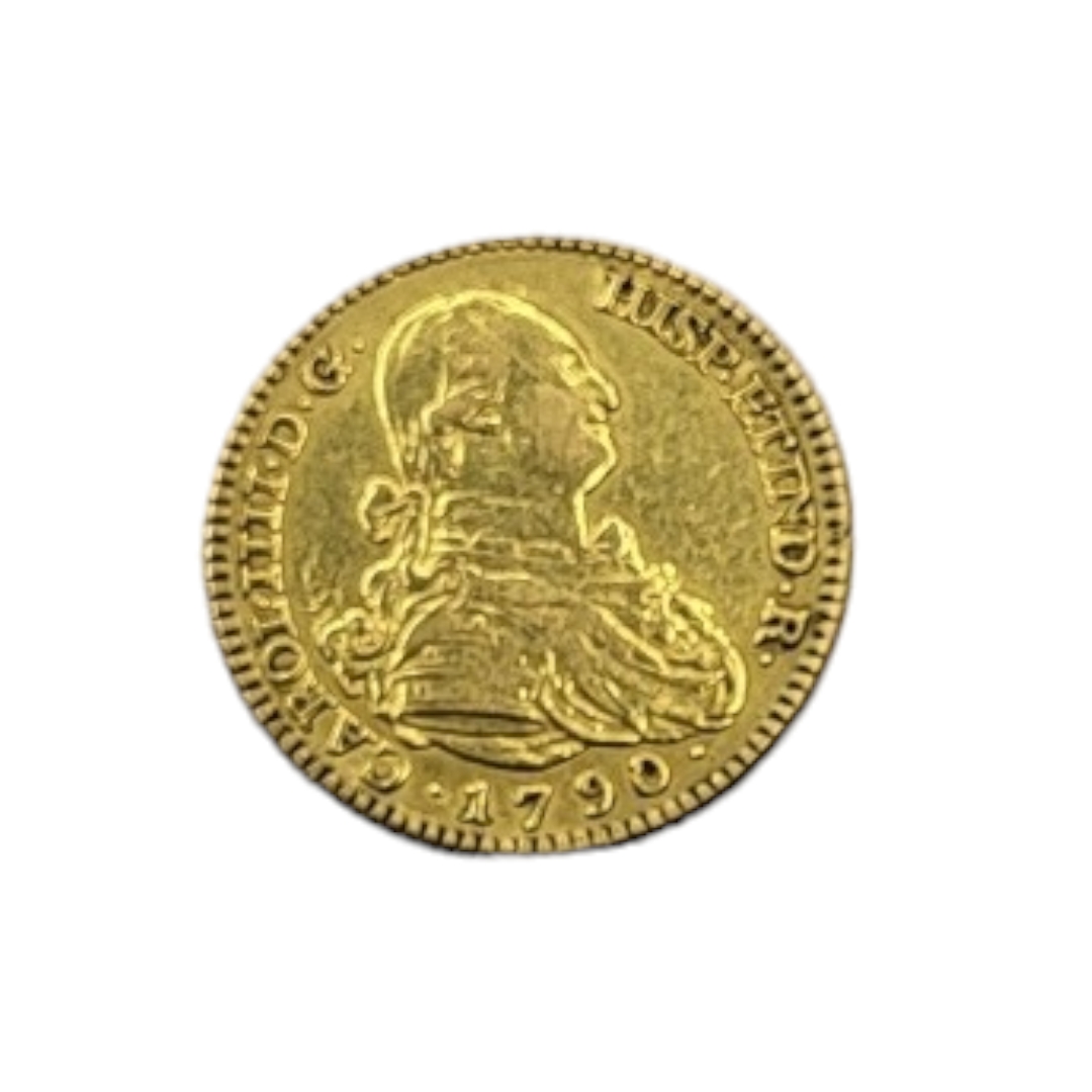 AN 18TH CENTURY SPANISH 18CT GOLD TWO ESCUDOS COIN, DATED 1790 With King Carlos IV portrait bust and - Image 2 of 3