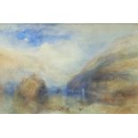 FOLLOWER OF J.M.W. TURNER, WATERCOLOUR Atmospheric misty Swiss inspired landscape view, Circa 1900 -