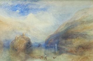FOLLOWER OF J.M.W. TURNER, WATERCOLOUR Atmospheric misty Swiss inspired landscape view, Circa 1900 -