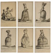 PIERRE THOMAS LE CLERC, C. 1740 - C. 1796, GROUP OF SIX 18TH CENTURY FASHION ENGRAVINGS Rare, each