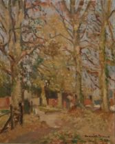 REGINALD FRANK KNOWLES-DREWE, BRITISH, 1878 - 1972, OIL ON BOARD Titled ‘Tree Lined Country Lane,