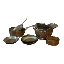 A SET OF SIX VARIOUS VICTORIAN/EDWARDIAN COPPER KITCHEN PANS Some with wrought iron handles, a