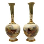HARRY STINTON FOR ROYAL WORCESTER, A PAIR OF PORCELAIN SLENDER OVOID VASES Painted to one side in