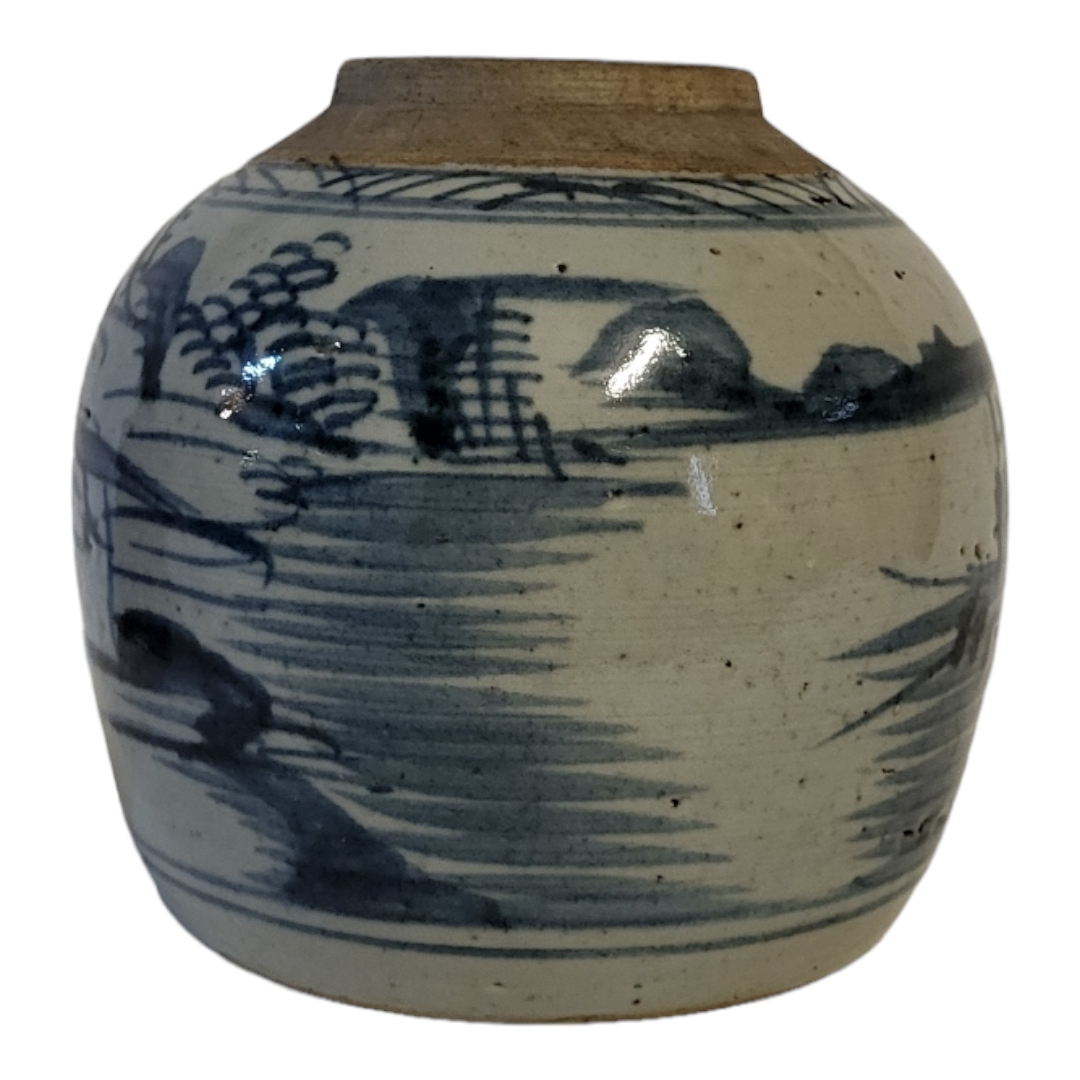 A CHINESE QING DYNASTY BLUE AND WHITE GINGER JAR Underglaze monochrome painted with provincial naive - Image 4 of 9