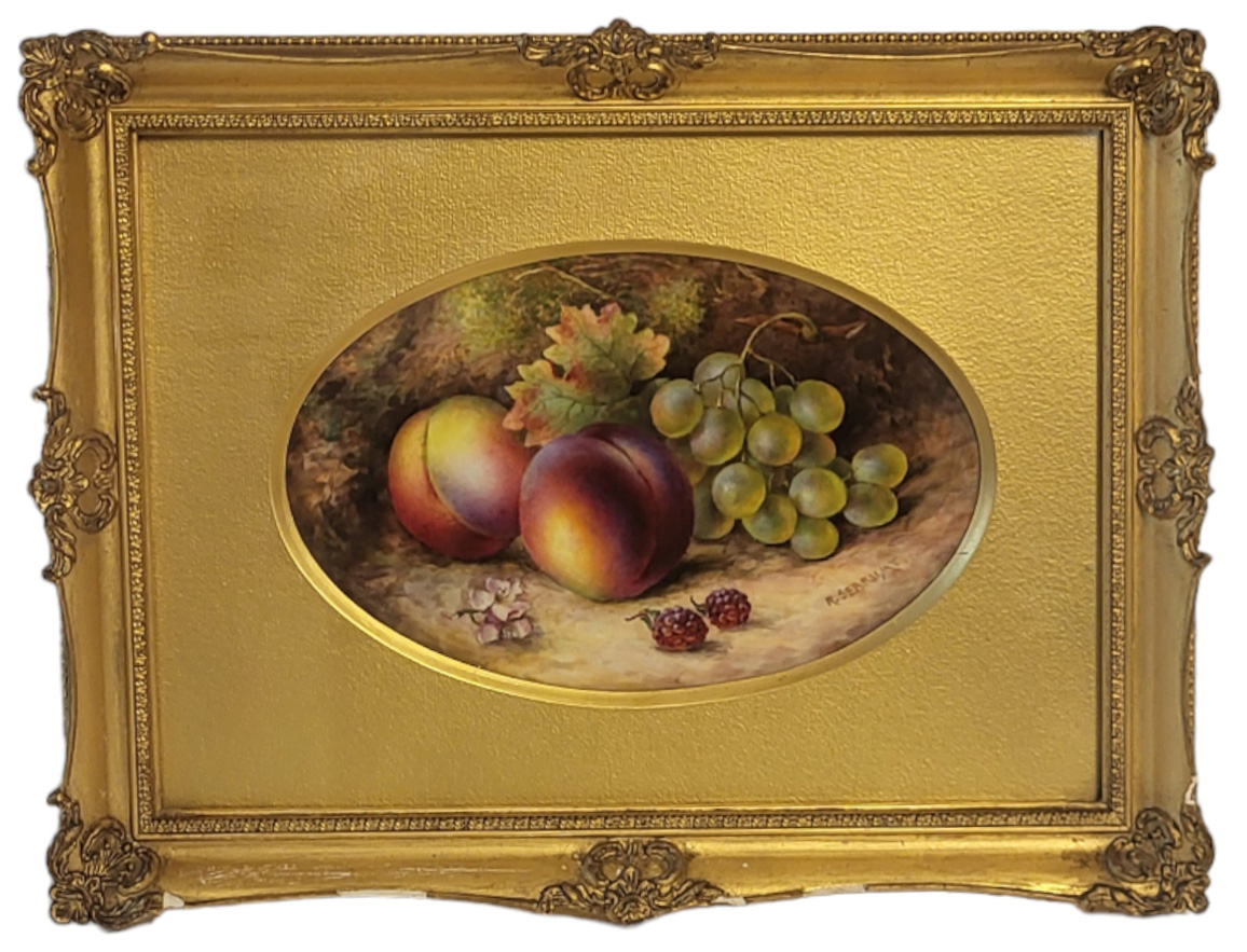 R. SEBRIGHT FOR ROYAL WORCESTER, FINE PORCELAIN OVAL PLAQUE Painted with fallen fruit, dated 1926, - Image 2 of 7