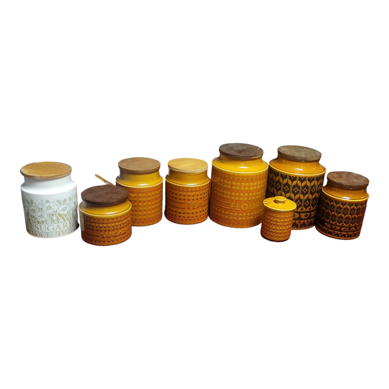 A SET OF EIGHT HORNSEA POTTERY STONEWARE KITCHEN STORAGE JARS, CIRCA 1970/80 Comprising tea,