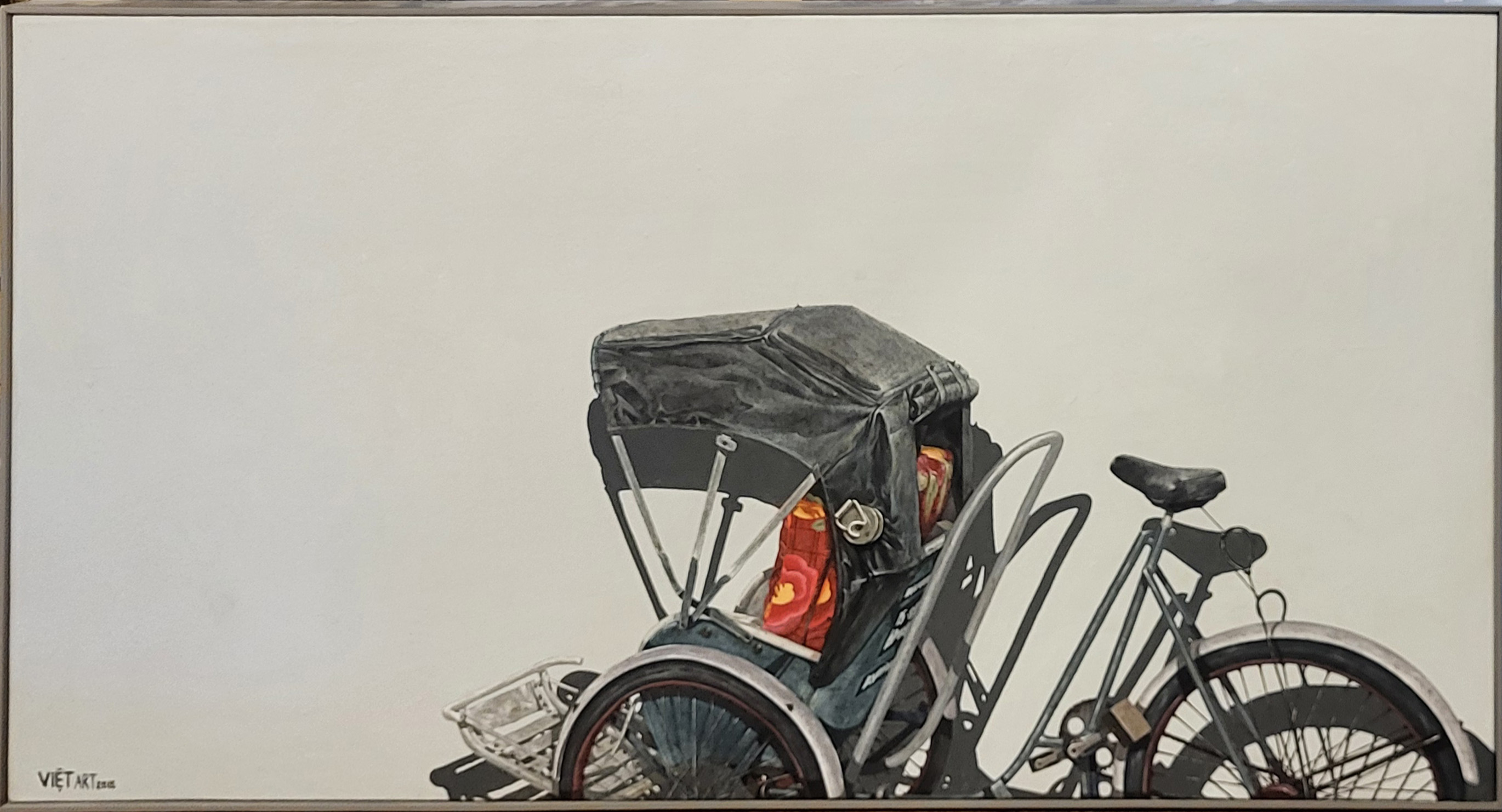 VIET ART, A VINTAGE OIL ON CANVAS 'RICKSHAW' STUDY Half image in painted grey frame, signed ‘Viet