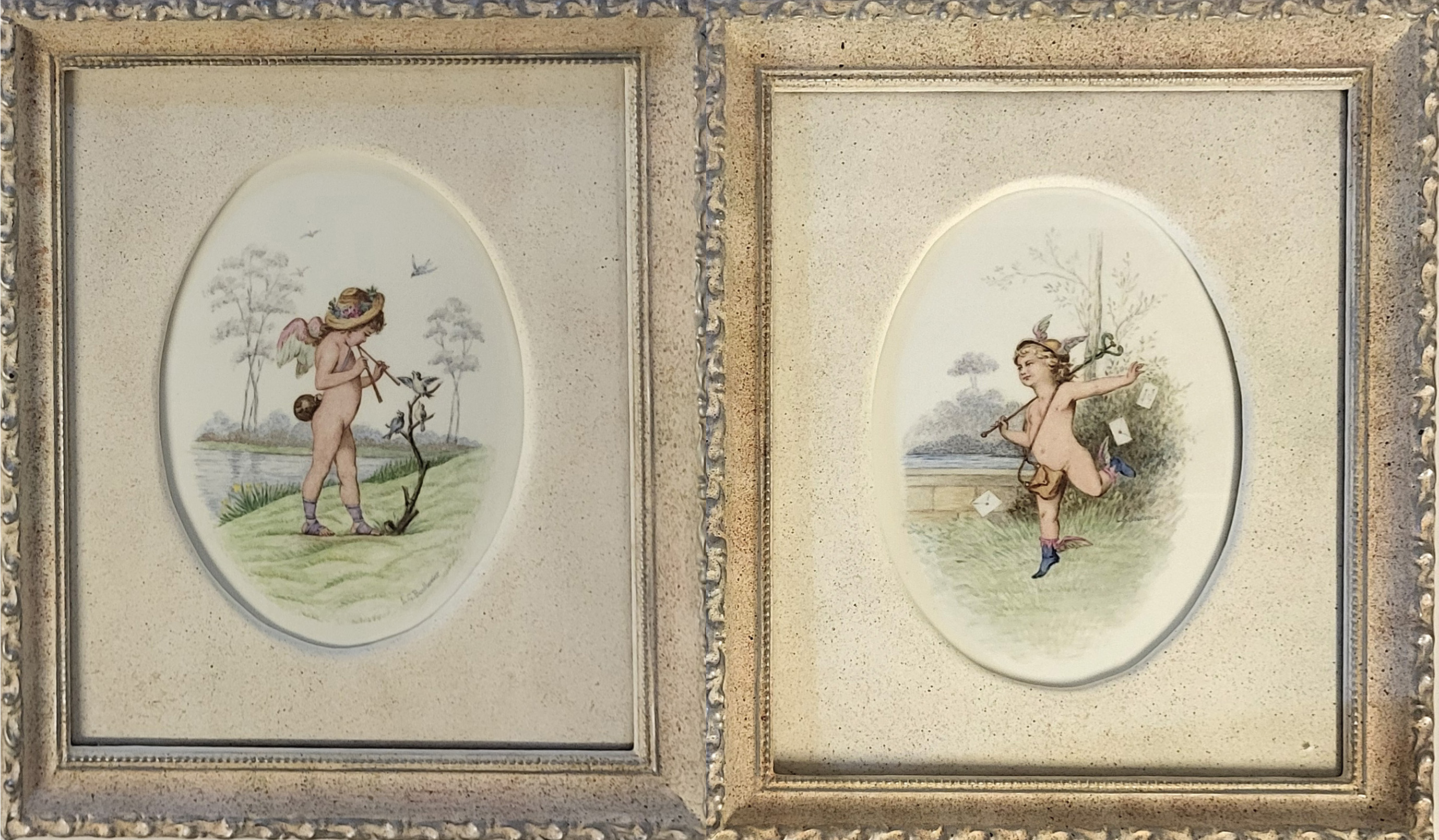 LUCIEN BOULLEMIER FOR MINTON, A PAIR OF OVAL PORCELAIN PLAQUES Polychrome enamelled with cherubs,