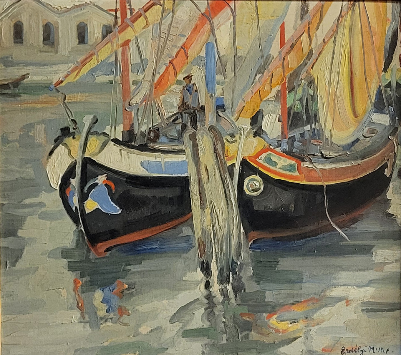 MIHALY ERDELYI, 1894 - 1972, HUNGARIAN, OIL ON BOARD Fishing boats at Chioggia, Venice, signed,