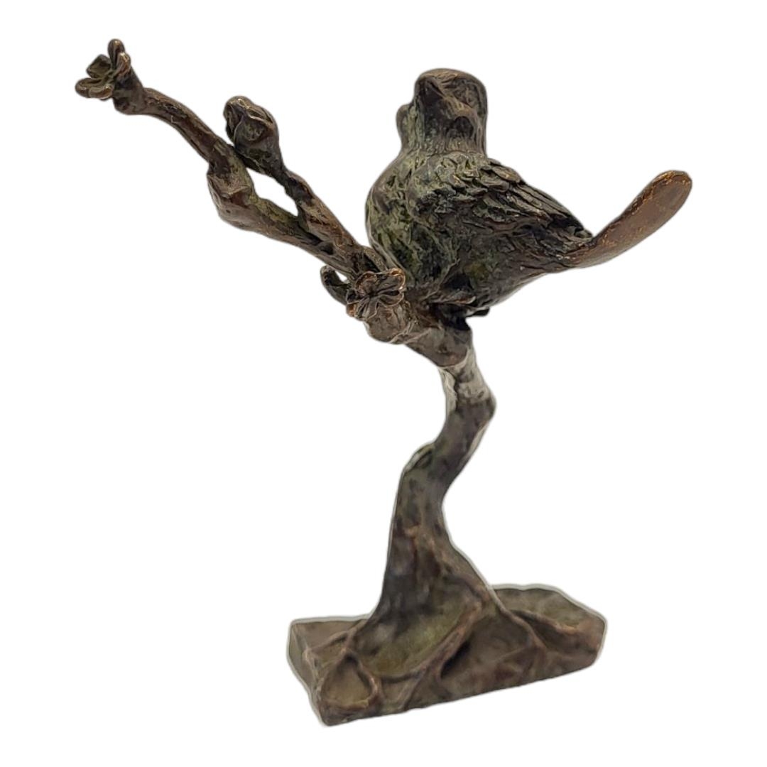 A JAPANESE STYLE BRONZE BIRD ON FLOWERING CHERRY BLOSSOM BRANCH Impressed logographic characters - Image 2 of 5