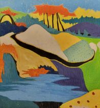 YESEY, A LARGE OIL ON CANVAS ABSTRACT, LANDSCAPE Mountainous view, with orange trees, signed Yesey