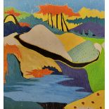 YESEY, A LARGE OIL ON CANVAS ABSTRACT, LANDSCAPE Mountainous view, with orange trees, signed Yesey