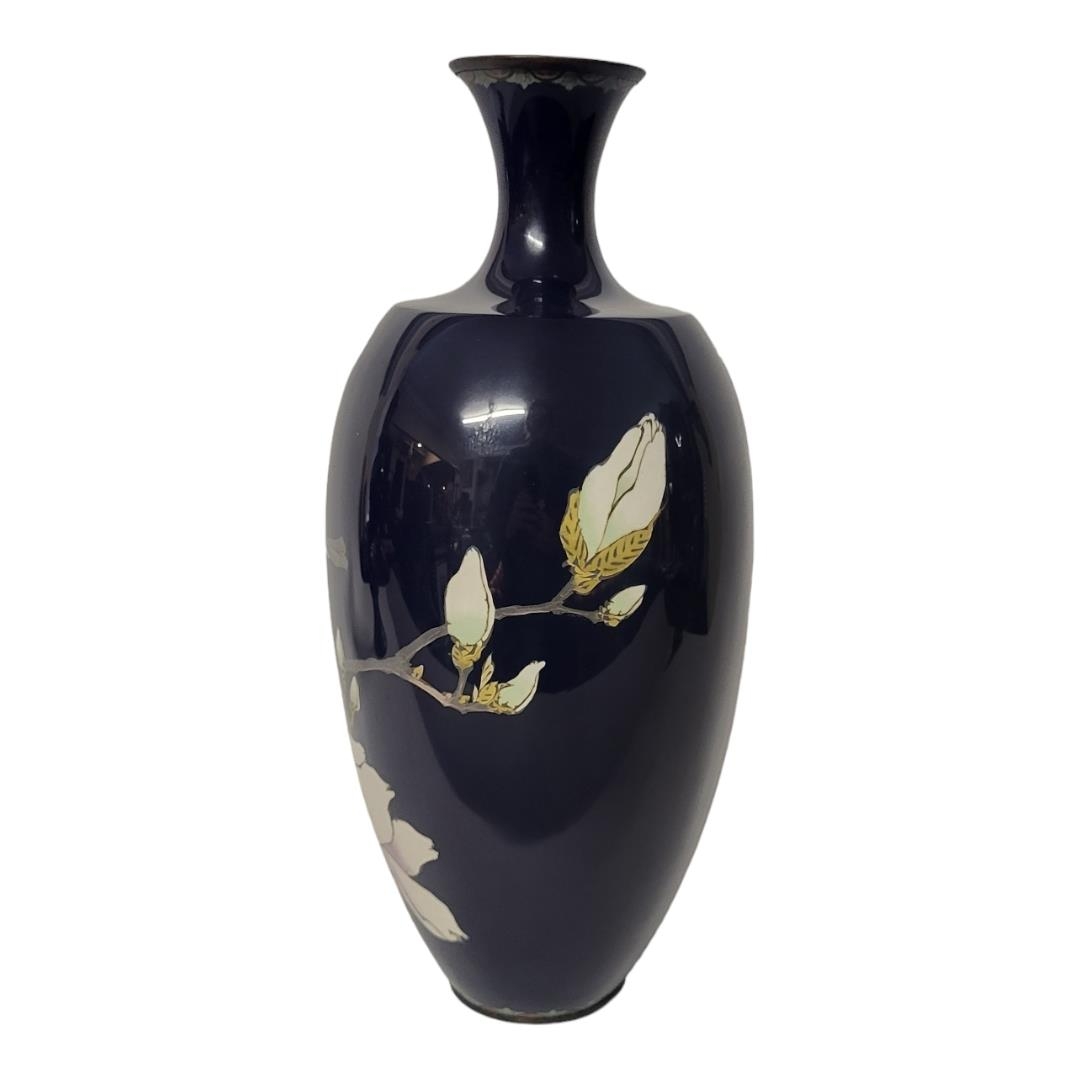 A LATE 19TH CENTURY JAPANESE MEIJI PERIOD BLACK ENAMEL CLOISONNÉ VASE With everted neck and rim, - Image 3 of 4