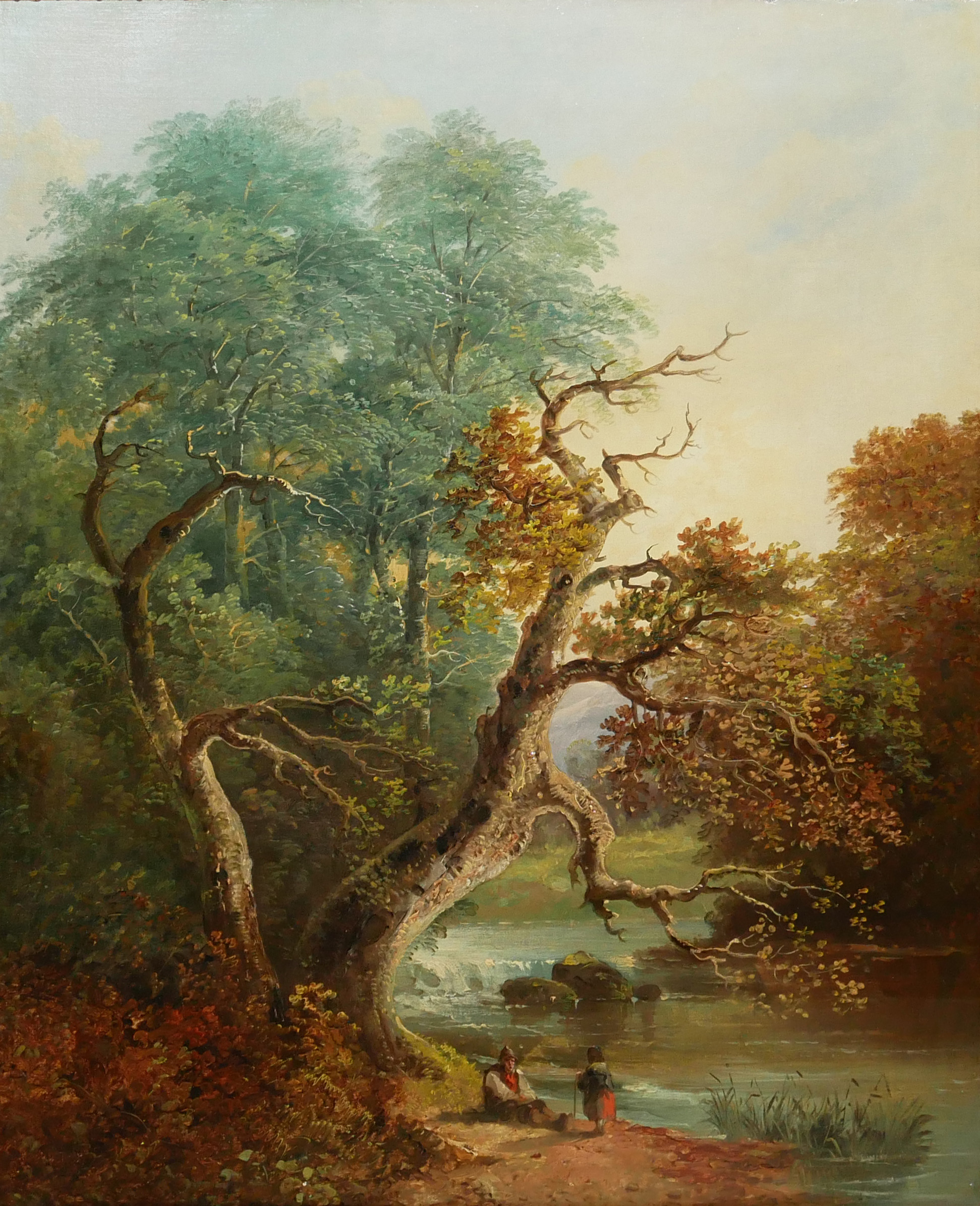 JOHN JOSEPH BARKER, 1824 - 1904, OIL ON CANVAS Landscape, titled 'By a Woodland Stream', two figures