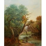 JOHN JOSEPH BARKER, 1824 - 1904, OIL ON CANVAS Landscape, titled 'By a Woodland Stream', two figures