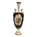 HAWKINS FOR ROYAL WORCESTER, SLENDER OVOID TWIN HANDLED PORCELAIN VASE Leadless glaze, dated 1901,