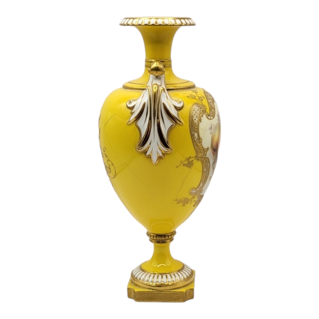 R. SEBRIGHT FOR ROYAL WORCESTER, PORCELAIN OVIFORM TWIN HANDLED VASE Painted with fruit, puce - Bild 6 aus 13