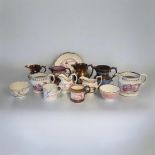 A COLLECTION OF EARLY 19TH CENTURY COPPER LUSTREWARE To include four jugs with landscape scenes, a