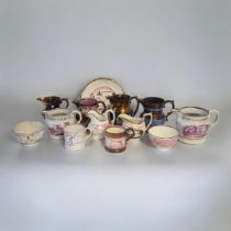 A COLLECTION OF EARLY 19TH CENTURY COPPER LUSTREWARE To include four jugs with landscape scenes, a