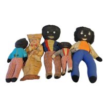 A COLLECTION OF VINTAGE GOLLIWOG SOFT TOYS Hand sewn fabric clothing, three with red and white