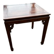 A CHINESE HARDWOOD SQUARE TOP CENTRE TABLE With a single drawer, on square legs. (81cm x 81cm x