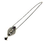 AN ART NOUVEAU STYLE STERLING SILVER SCARAB BEETLE NECKLACE Set with cabochon cut amethyst stones in