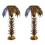 A PAIR OF GILT METAL PALM TREE SIDE LAMPS AND SHADES On a rounded pedestal base. (38cm x 72cm)