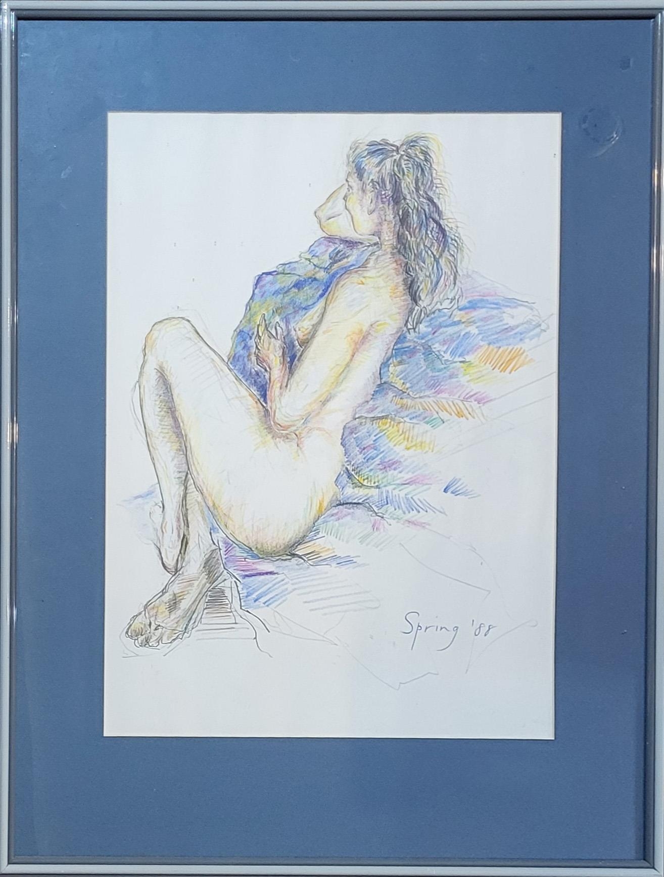 CHRIS SPRING, A 20TH CENTURY PASTEL NUDE STUDY Reckoning female on a pale blue pallet ,signed - Image 3 of 5